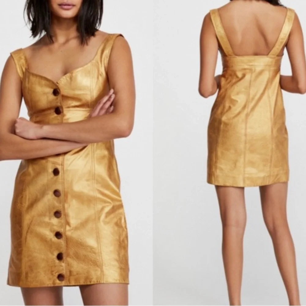 FREE PEOPLE Goldie Leather Mini Dress Gold